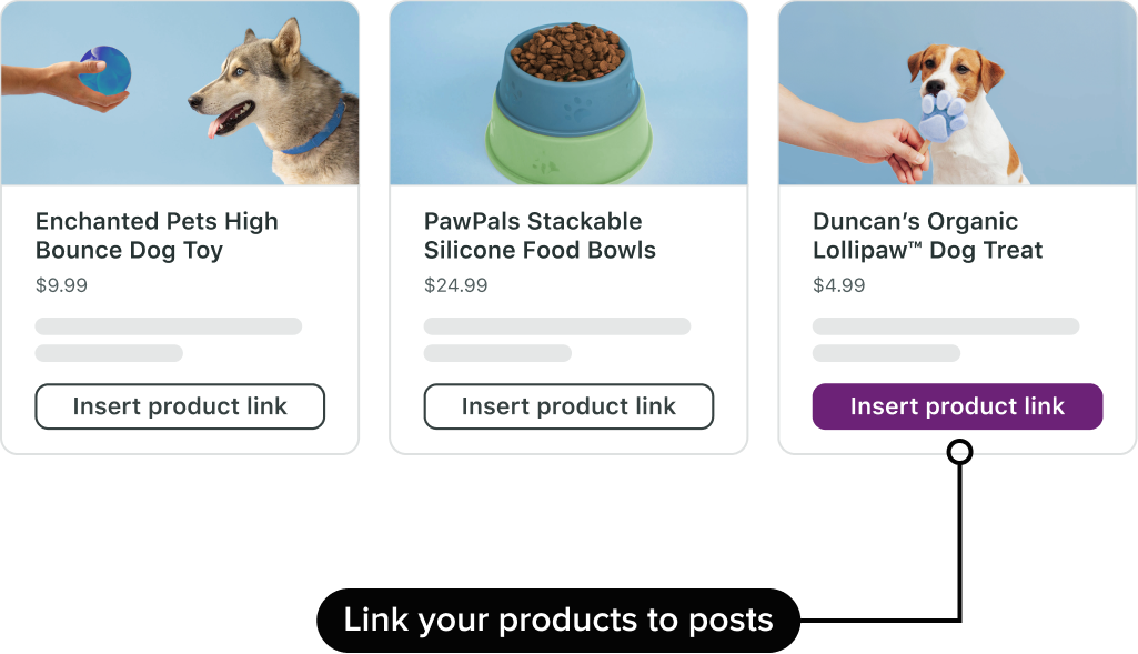 Interfaz de usuario que muestra que la empresa Snouts, Paws, and Tails agrega enlaces de compra a sus productos en las redes sociales.